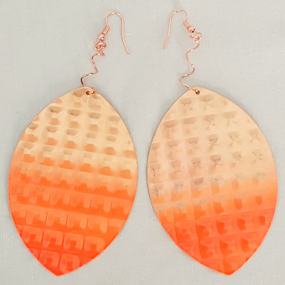 💎Jumbo Dangle Drop Earrings Textured Metallic Neon Orange Ombre Plates Pierced
